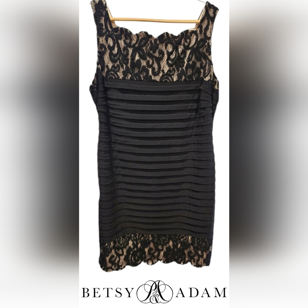 BETSY & ADAM Black/ Nude w/ Black Lace Overlay, Cocktail Party Dress Size 20W